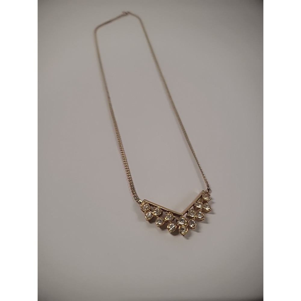 Vintage Gold Tone Chain Womens Necklace V Neck Crystals Jewelry Costume